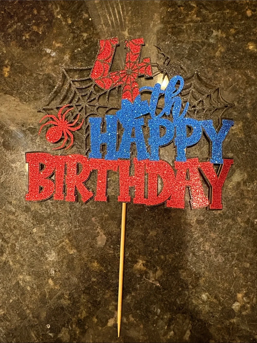 4th Happy Birthday Glitter Cake Topper - Red & Blue Spider Theme